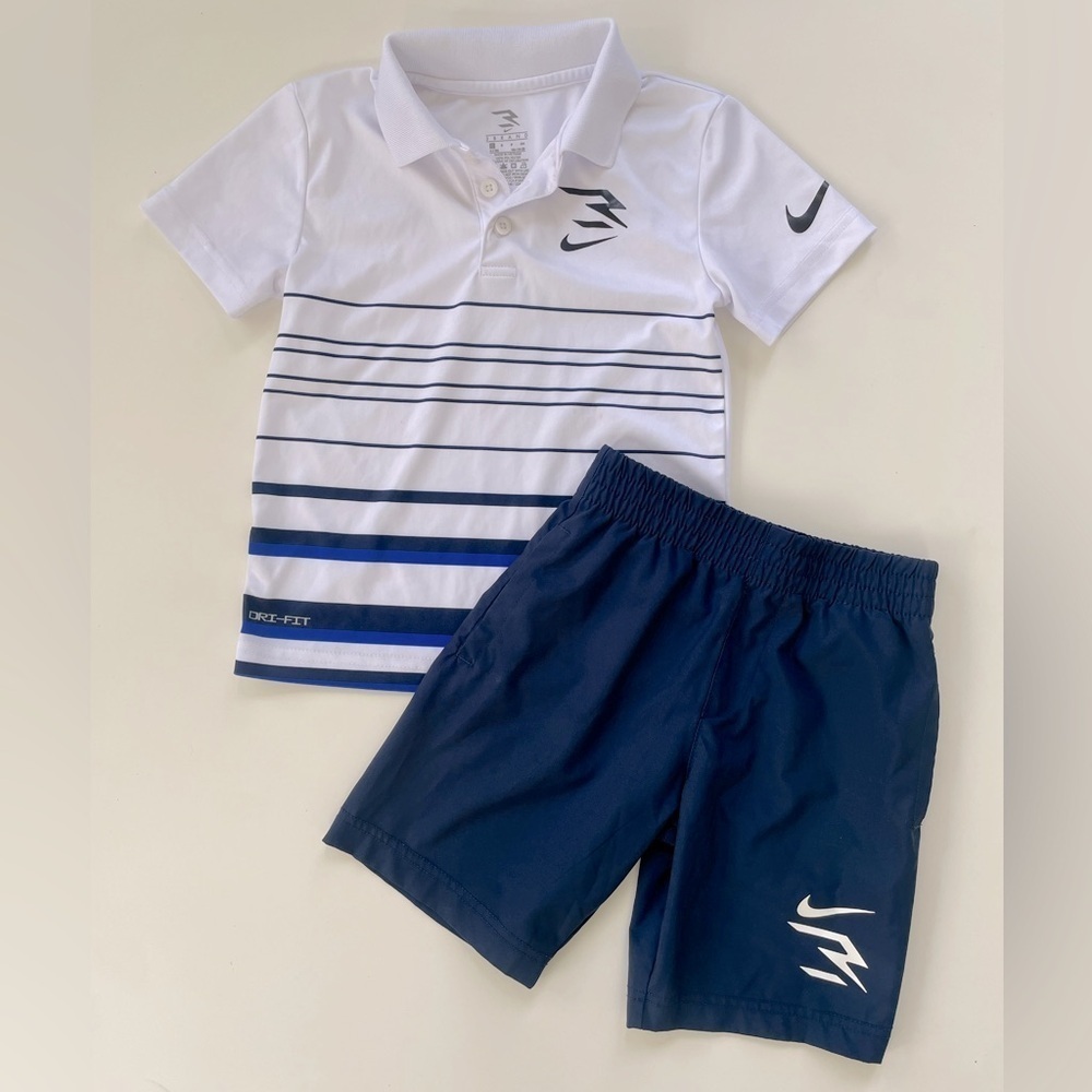 NIKE x 3BRAND Little Boys White Navy Blue Polo Shorts Set Performance Size 4/5